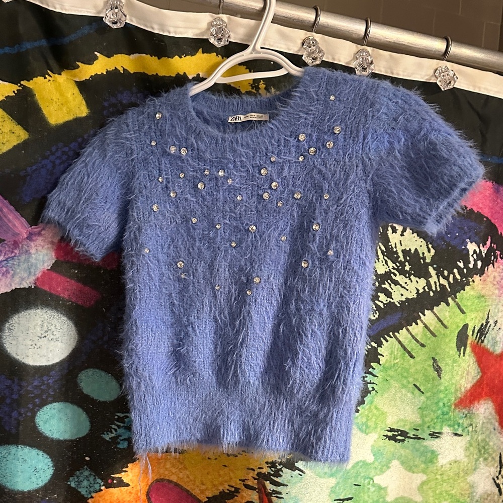 Zara Soft Blue rhinestone knitted sweater